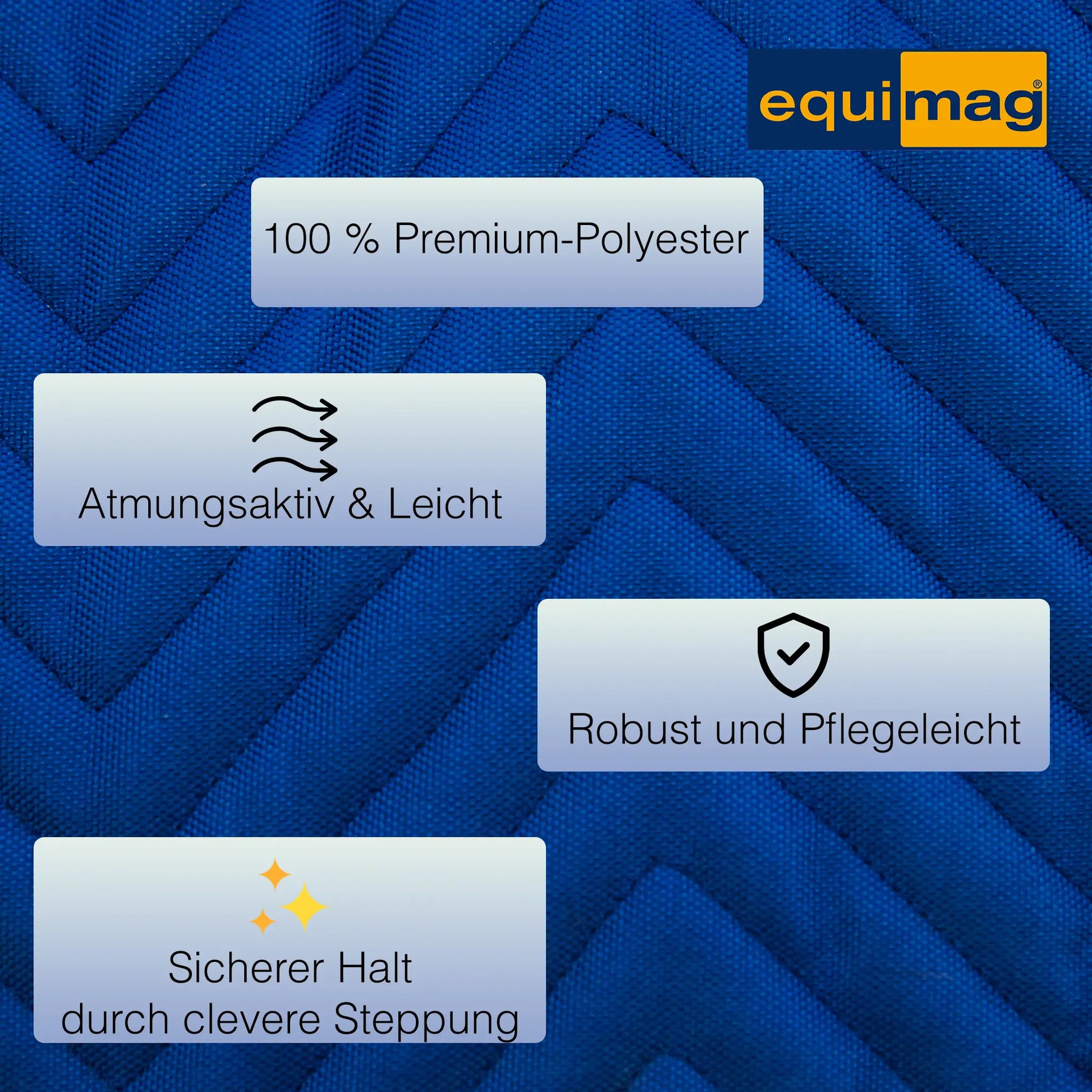Nahaufnahme des blauen, diamantförmig gesteppten Polyester-Stoffs der equimag expert Magnetfelddecke mit den Vorzügen wie atmungsaktiv und leicht, Robust und Pflegeleicht sowie dem sicheren Halt durch die Versteppung.
