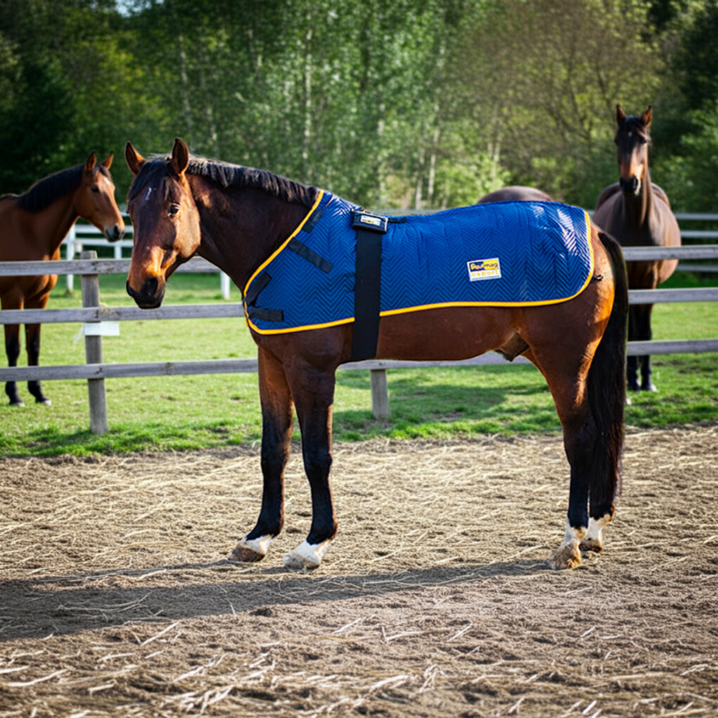 Die neue Magnetfelddecke equimag balance liegt auf einem gesunden Pferd, das im Freien steht.