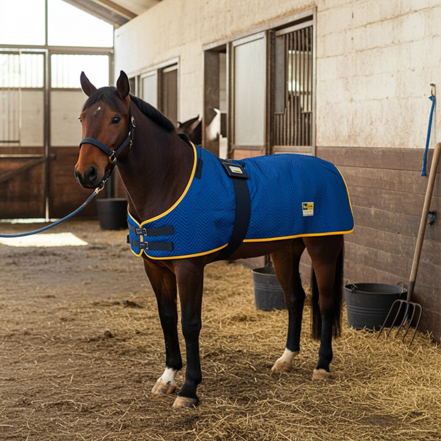 Die Magnetfelddecke equimag balance wird hier auf einem gesunden Pferd im Reitstall mit einem anderen Verschluss gezeigt.